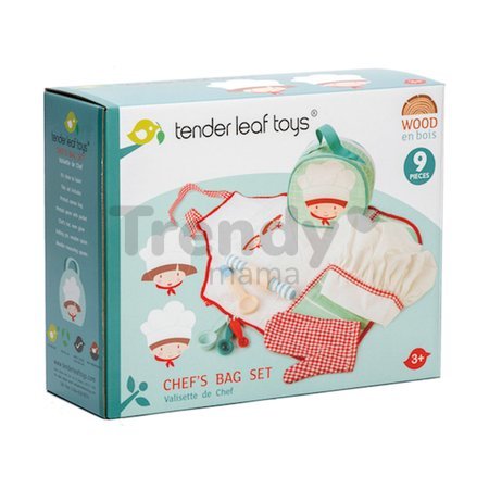 Kuchárska taštička so zásterou Chef's Bag Tender Leaf Toys 9-dielna sada s drevenými a textilnými doplnkami