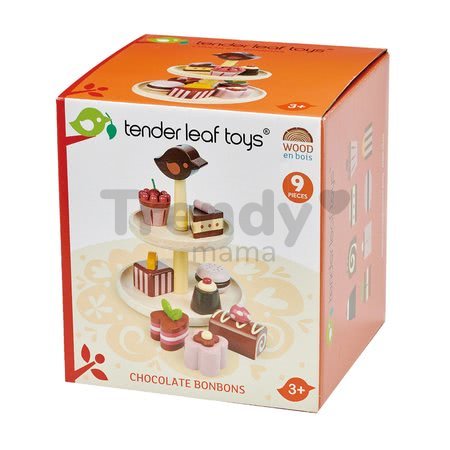 Drevené čokoládové torty Chocolate Bonbons Tender Leaf Toys so stojanom a voňavými zákuskami