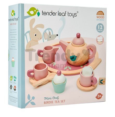 Drevený čajník Birdie Tea set Tender Leaf Toys na tácke so šálkami s čajovým vrecúškom