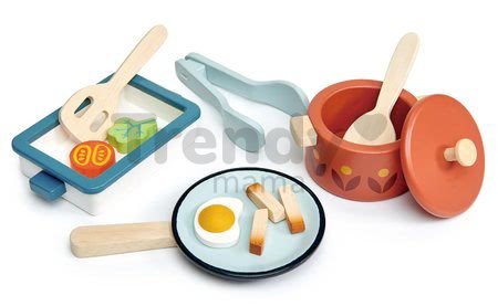 Drevený riad s panvicou Pots and Pans Tender Leaf Toys s varechou a potravinami