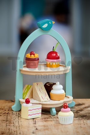 Drevená cukráreň Birdie Afternoon Tea stand Tender Leaf Toys so zákuskami a sendvičmi