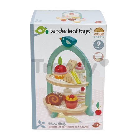 Drevená cukráreň Birdie Afternoon Tea stand Tender Leaf Toys so zákuskami a sendvičmi