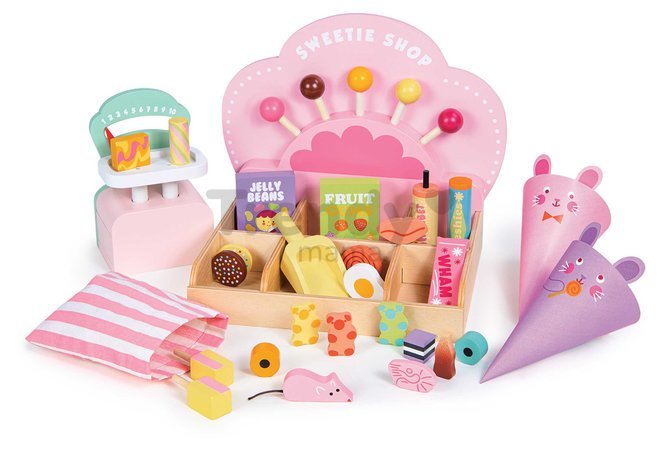 Drevený obchod so sladkosťami Sweetie Pic'N'Mix Shop Tender Leaf Toys s váhou cukríkmi a lízatkami