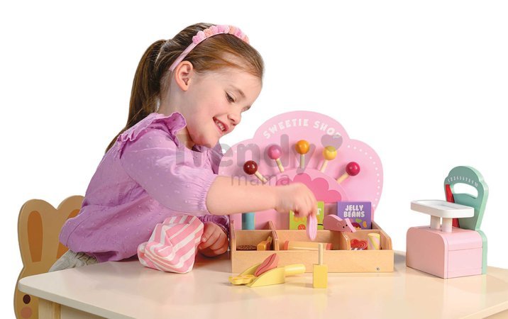 Drevený obchod so sladkosťami Sweetie Pic'N'Mix Shop Tender Leaf Toys s váhou cukríkmi a lízatkami