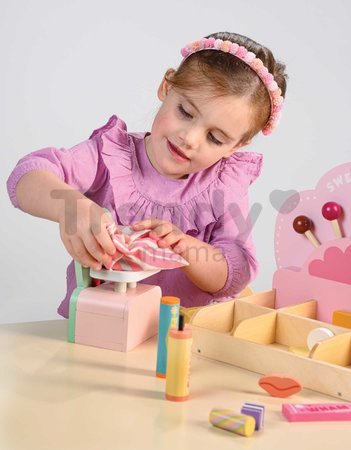 Drevený obchod so sladkosťami Sweetie Pic'N'Mix Shop Tender Leaf Toys s váhou cukríkmi a lízatkami