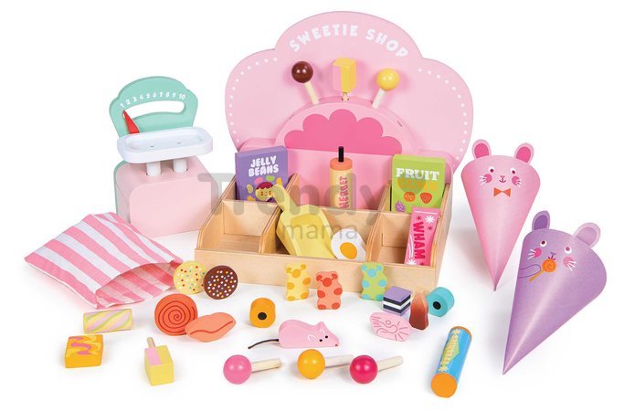 Drevený obchod so sladkosťami Sweetie Pic'N'Mix Shop Tender Leaf Toys s váhou cukríkmi a lízatkami