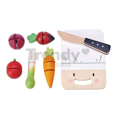 Drevená doska so zeleninou Mini Chef Chopping Board Tender Leaf Toys s nožom na krájanie