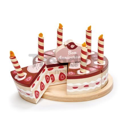 Drevená čokoládová torta Chocolate Birthday Cake Tender Leaf Toys 6 kúskov so 6 sviečkami na tanieri