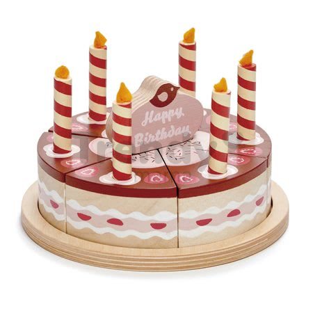 Drevená čokoládová torta Chocolate Birthday Cake Tender Leaf Toys 6 kúskov so 6 sviečkami na tanieri