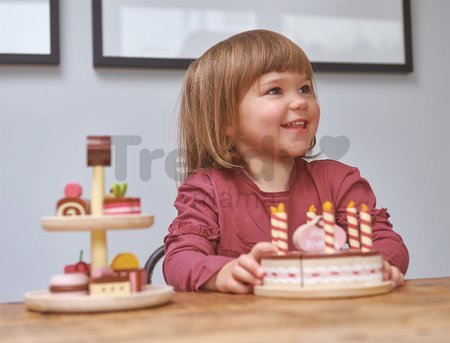 Drevená čokoládová torta Chocolate Birthday Cake Tender Leaf Toys 6 kúskov so 6 sviečkami na tanieri