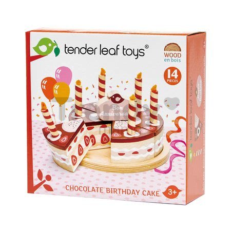 Drevená čokoládová torta Chocolate Birthday Cake Tender Leaf Toys 6 kúskov so 6 sviečkami na tanieri
