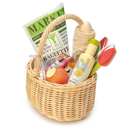 Drevený košík s tulipánmi Wicker Shopping Basket Tender Leaf Toys s čokoládou limonádou syrom a inými potravinami