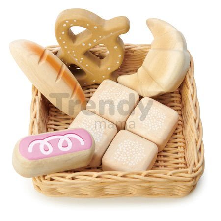 Drevený košík s pekárskymi výrobkami Bread Basket Tender Leaf Toys chlieb a rohlíky
