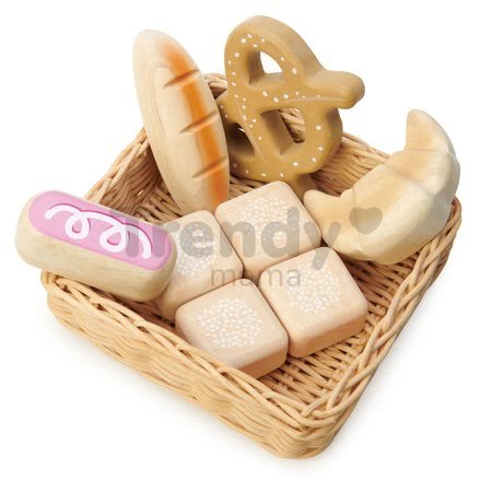 Drevený košík s pekárskymi výrobkami Bread Basket Tender Leaf Toys chlieb a rohlíky