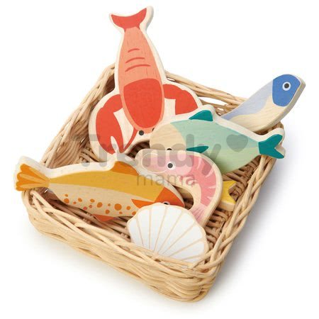 Drevený košík s morskými plodmi Seafood Basket Tender Leaf Toys s rybami a mušľami