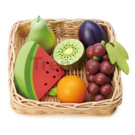 Drevený košík s ovocím Fruity Basket Tender Leaf Toys s hroznom hruškou melónom a slivkou