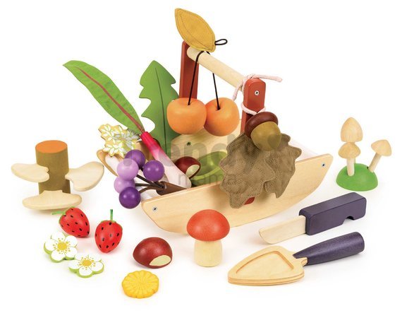 Drevený košík na zbieranie lesných plodov Wild Wood Forgaing Trug Tender Leaf Toys s hríbikmi jabĺčkami jahodami