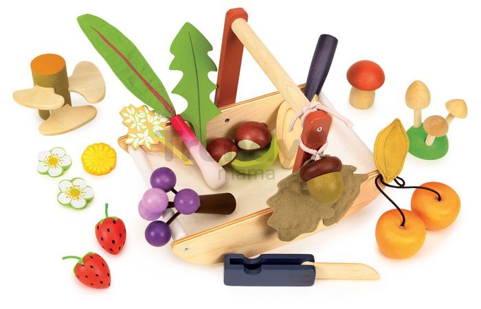 Drevený košík na zbieranie lesných plodov Wild Wood Forgaing Trug Tender Leaf Toys s hríbikmi jabĺčkami jahodami