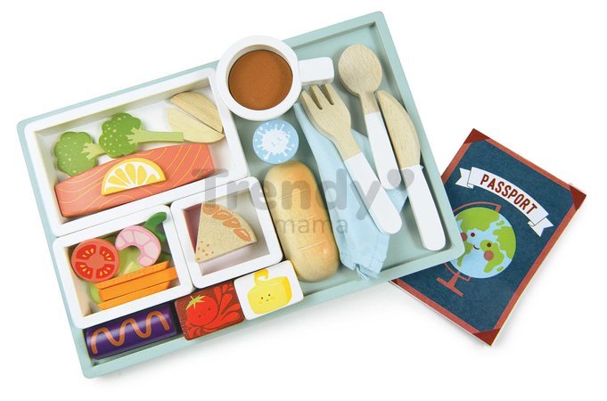 Drevený podnos s občerstvením do lietadla Airline Meal Tray Tender Leaf Toys 3 druhy jedál s príborom a cestovný pas
