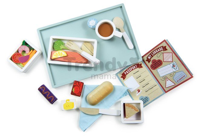 Drevený podnos s občerstvením do lietadla Airline Meal Tray Tender Leaf Toys 3 druhy jedál s príborom a cestovný pas
