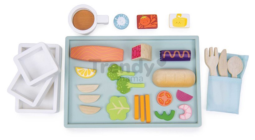 Drevený podnos s občerstvením do lietadla Airline Meal Tray Tender Leaf Toys 3 druhy jedál s príborom a cestovný pas