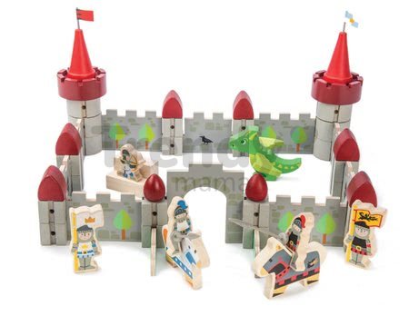 Drevený hrad Dragon Castle Tender Leaf Toys 59-dielna sada so šarkanom a vojakmi