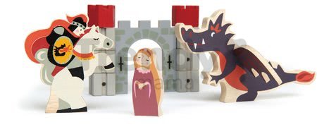 Drevený rytier so šarkanom a princeznou Knight and Dragon tales Tender Leaf Toys v rozprávke na hrade