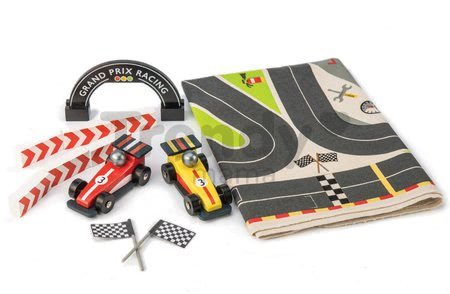 Drevené pretekárske autá Formula One Racing Playmat Tender Leaf Toys na plátenej dráhe a s doplnkami