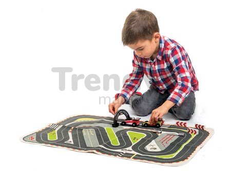 Drevené pretekárske autá Formula One Racing Playmat Tender Leaf Toys na plátenej dráhe a s doplnkami