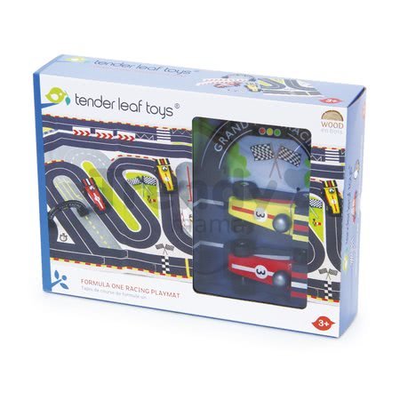 Drevené pretekárske autá Formula One Racing Playmat Tender Leaf Toys na plátenej dráhe a s doplnkami