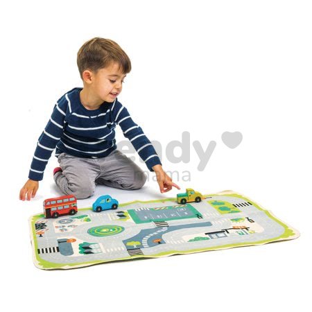 Drevené mestské autá Town Playmat Tender Leaf Toys na plátenej mape a s doplnkami