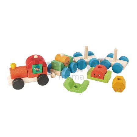 Drevený skladací vláčik Happy Train Tender Leaf Toys 14-dielna súprava s 3 vozňami a geometrickými tvarmi od 18 mes
