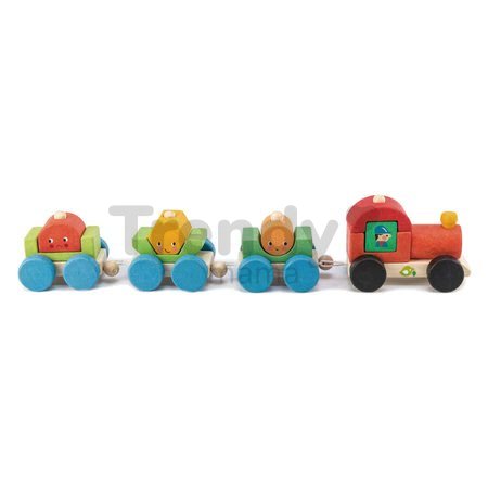 Drevený skladací vláčik Happy Train Tender Leaf Toys 14-dielna súprava s 3 vozňami a geometrickými tvarmi od 18 mes