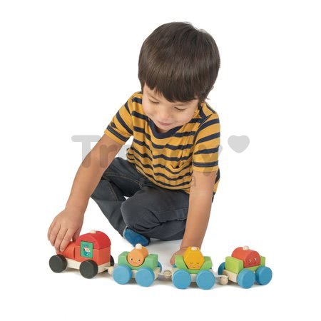 Drevený skladací vláčik Happy Train Tender Leaf Toys 14-dielna súprava s 3 vozňami a geometrickými tvarmi od 18 mes