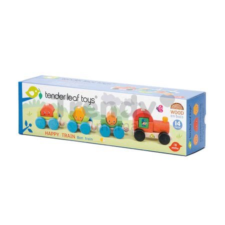Drevený skladací vláčik Happy Train Tender Leaf Toys 14-dielna súprava s 3 vozňami a geometrickými tvarmi od 18 mes