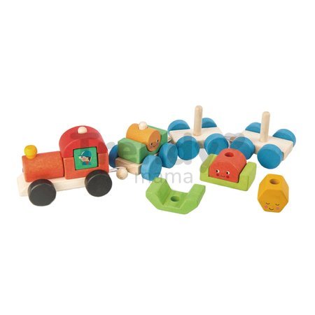 Drevený skladací vláčik Happy Train Tender Leaf Toys 14-dielna súprava s 3 vozňami a geometrickými tvarmi od 18 mes