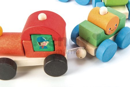Drevený skladací vláčik Happy Train Tender Leaf Toys 14-dielna súprava s 3 vozňami a geometrickými tvarmi od 18 mes