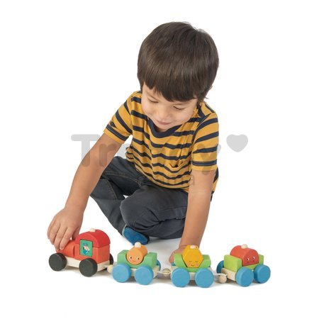 Drevený skladací vláčik Happy Train Tender Leaf Toys 14-dielna súprava s 3 vozňami a geometrickými tvarmi od 18 mes