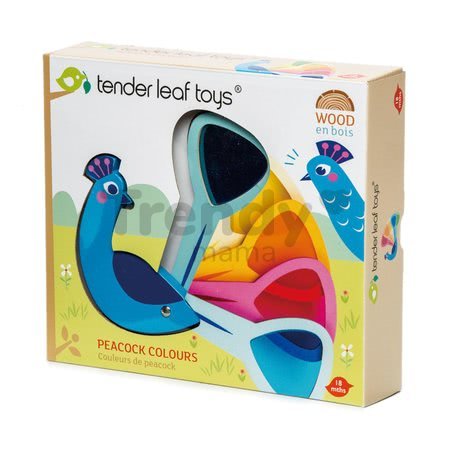 Drevený vtáčik Peacock Colours Tender Leaf Toys s farebným perím v chvoste od 18 mes