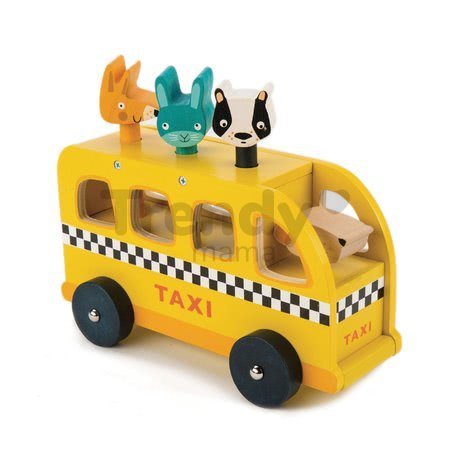 Drevené žlté auto Animal Taxi Tender Leaf Toys 3 zvieratká so zvukmi od 18 mes