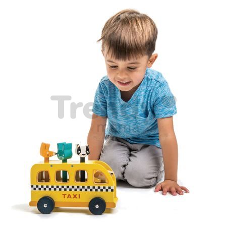 Drevené žlté auto Animal Taxi Tender Leaf Toys 3 zvieratká so zvukmi od 18 mes