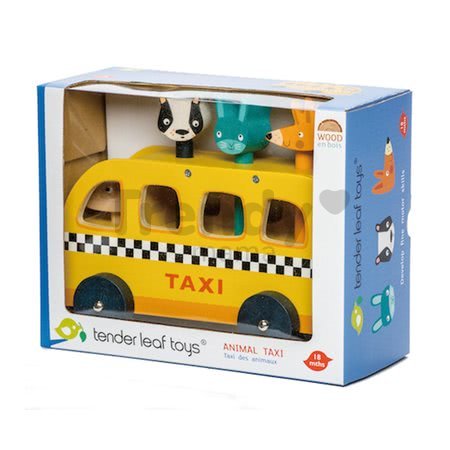 Drevené žlté auto Animal Taxi Tender Leaf Toys 3 zvieratká so zvukmi od 18 mes