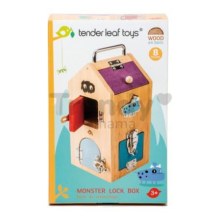 Drevený domček so strašidlami Monster Lock Box Tender Leaf Toys 8 dverí s 8 rôznymi zámkami a 2 strašidlá