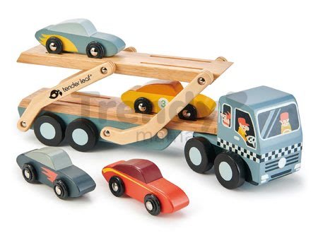 Drevený kamión Car Transporter Tender Leaf Toys s pohyblivou plošinou a 4 autíčkami