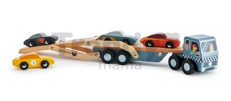 Drevený kamión Car Transporter Tender Leaf Toys s pohyblivou plošinou a 4 autíčkami