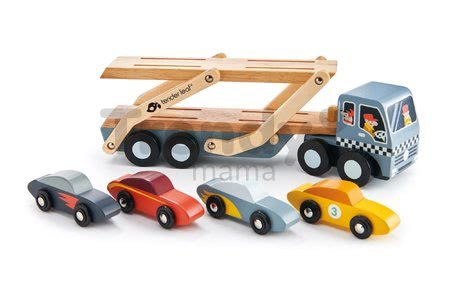 Drevený kamión Car Transporter Tender Leaf Toys s pohyblivou plošinou a 4 autíčkami