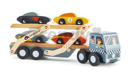 Drevený kamión Car Transporter Tender Leaf Toys s pohyblivou plošinou a 4 autíčkami