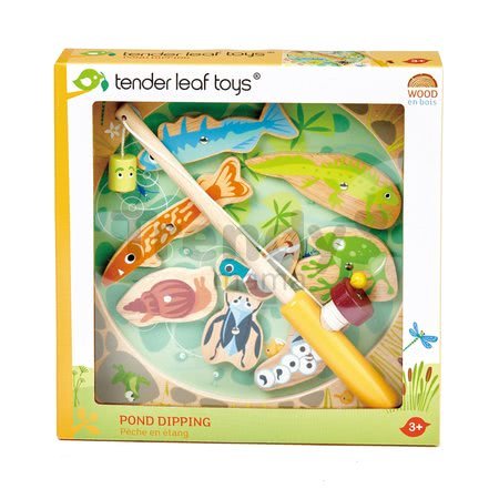 Drevený magnetický rybár Pond Dipping Tender Leaf Toys s udicou a 8 magnetických zvierat pri rybníku