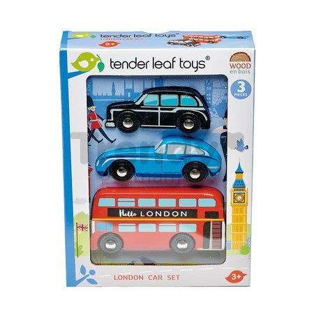 Drevené mestské autá London Car Set Tender Leaf Toys London bus vintage Jaguar London taxi