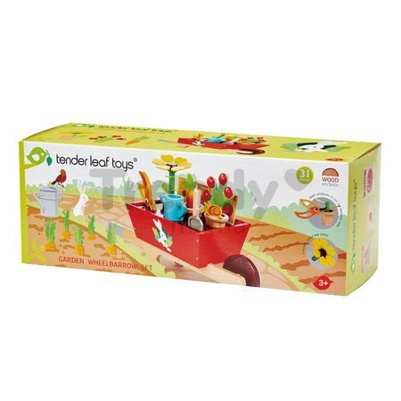 Drevený fúrik so záhradným náradím Garden Wheelbarrow Tender Leaf Toys 13-dielna súprava kvetináče s krhlou a rastlinami
